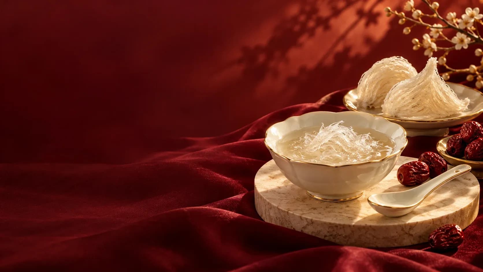 Minh họa banner thương hiệu: chén yến và tổ yến trên nền đỏ trầm, ảnh AI