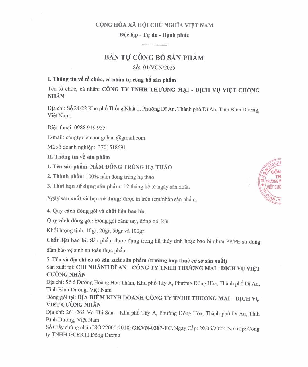 Tự công bố · Nấm đông trùng hạ thảo