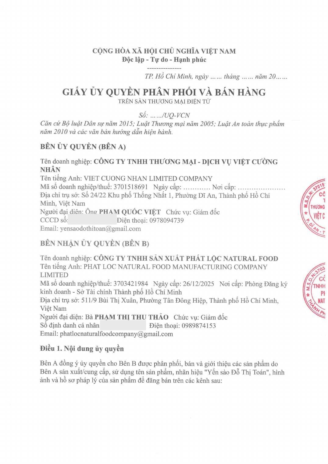 Ủy quyền phân phối · Việt Cường Nhân – Phát Lộc