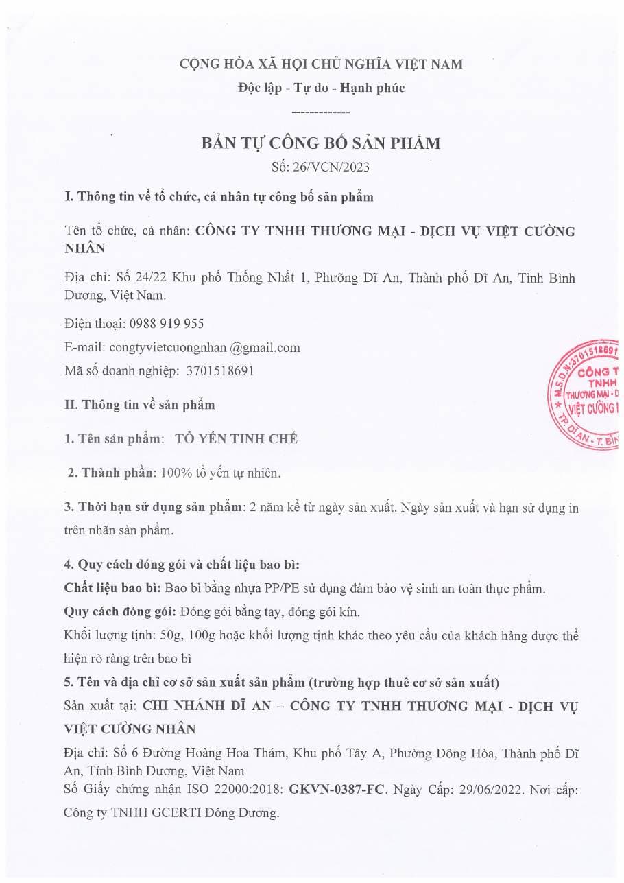 Tự công bố · Tổ yến tinh chế